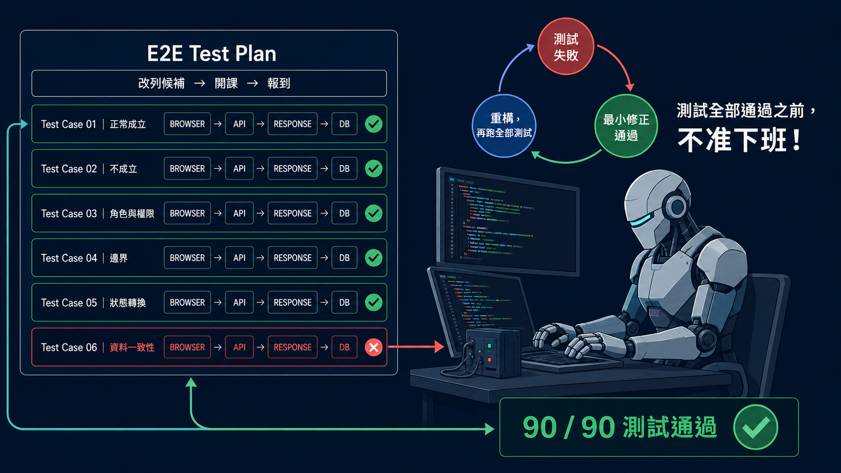 同一份 E2E Test Plan 以紅燈、綠燈與藍燈約束 AI 持續修正，直到 90 / 90 測試通過